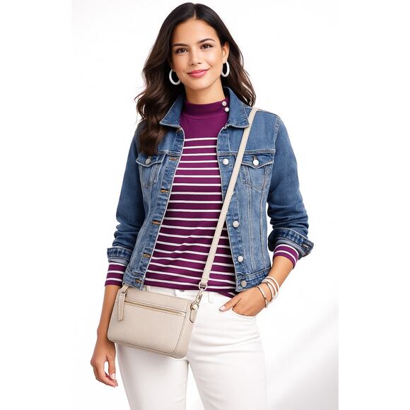 Talbots 100% Cotton Purple Striped Long Sleeve Top Size Small Shoulder Button - Picture 7 of 9